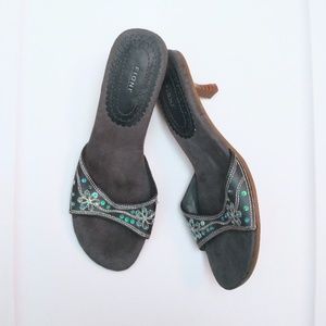 FIONI: Blue Wooden Kitten Heel Sandals 6